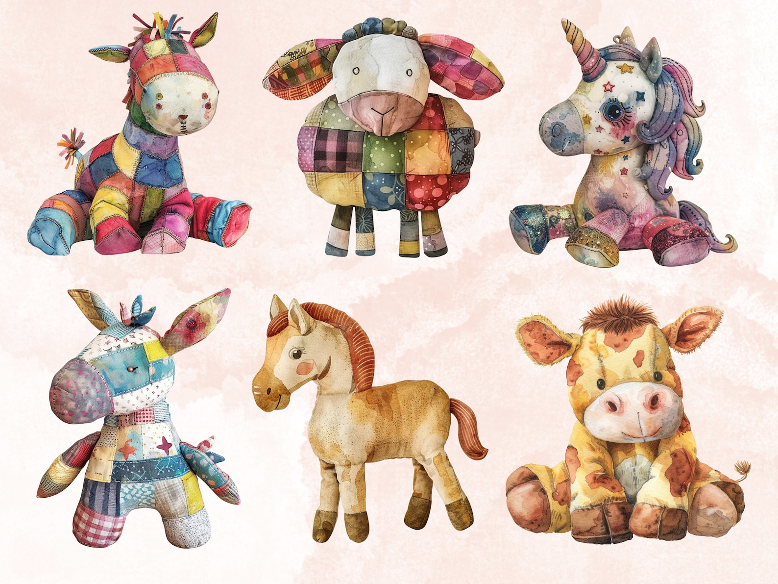 50 PNG Watercolor Plush Animals Clipart, Nursery Patchwork Toys ...