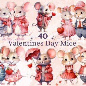 40 PNG aquarel Valentijnsdag muizen clipart, mooie Valentijnsdag muis paar illustraties illustraties, schattige liefde dieren PNG sublimatie