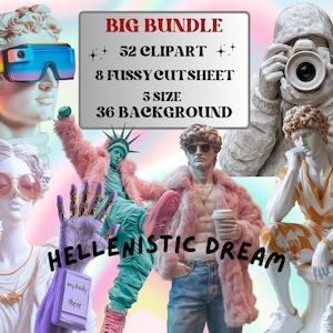 Hellenistic Dream Collage Elements Kit, Whimsy Antique Statue Clipart, Whimsical Surreal Fussy Cut, Junk Journal Clipart + Background Bundle