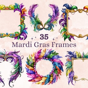 Clipart de cadre de mardi gras aquarelle 35 PNG, clipart illustration couronne de mascarade, sublimation mardi gras, carnaval de la Nouvelle-Orléans png thumbnail