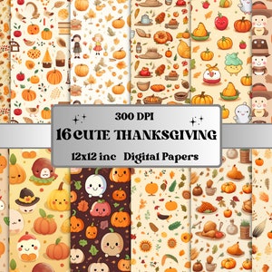 Op de afbeelding: 16 digitale papieren met schattige Thanksgiving-thema's. De patronen omvatten pompoenen, kalkoenen, bladeren en andere herfstthema's. De papieren zijn 12x12 inch en 300 DPI.