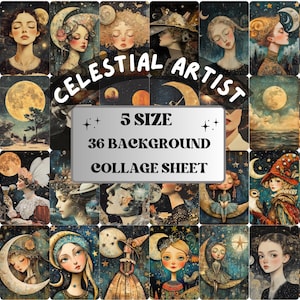 Whimsy Celestial Artist collagepapier, vintage surrealistisch blad met gemengde media, grillige afbeelding van ephemera lucht, eigenzinnig junkjournaal, plakboekpapier