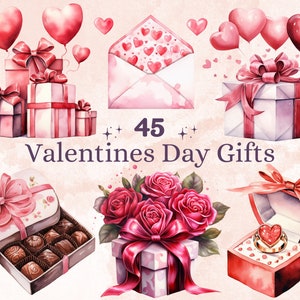 45 PNG Watercolor Valentine&#39;s Day Gifts Clipart, Floral Valentines Day Gift Box Illustrations Clip art, Cute Love Hearts Png Sublimation