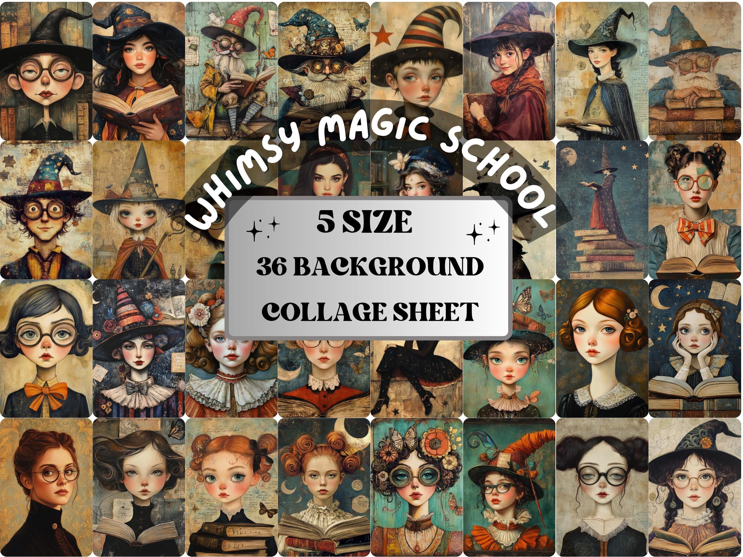 Collage Magic System Magic School Collage Paper Kit, Surreal Wizard Mixed Media Sheet ...