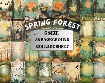 May include: A collage sheet of 36 spring forest backgrounds in 5 different sizes. The images feature trees, flowers, butterflies, and other nature elements in a vintage style.