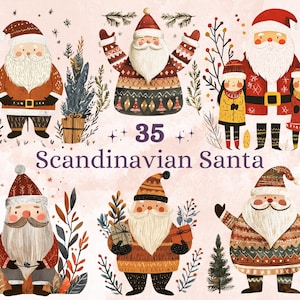 35 PNG Clipart di Babbo Natale scandinavo, Illustrazioni di arte popolare di Babbo Natale di Natale Clip art, PNG di vacanze invernali, Ornamenti di Natale nordici