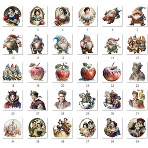 40 PNG Watercolour Snow White Clipart, Snow White Princess Seven Dwarves Png, Fantasy Fairytale Clipart, Evil Queen, Vintage Fairy Tale Set