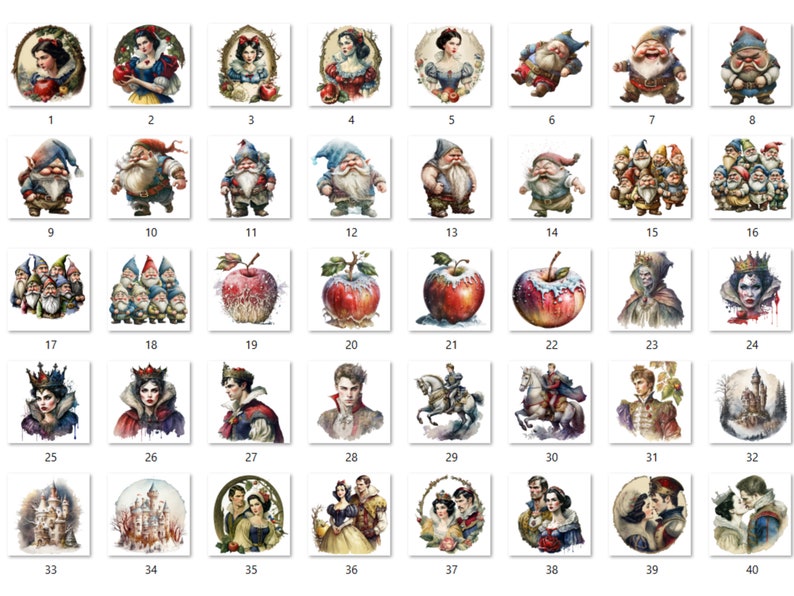 40 PNG Watercolour Snow White Clipart, Snow White Princess Seven Dwarves Png, Fantasy Fairytale Clipart, Evil Queen, Vintage Fairy Tale Set