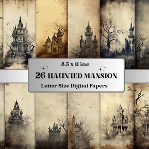 Papel digital para impressão da mansão assombrada, coisas efêmeras assustadoras de Halloween, páginas góticas desbotadas, download de lixo eletrônico, álbum de recortes, criação de cartões