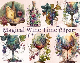 18 PNG aquarelle vin temps Clipart, Floral vin Clip Art aquarelle, vin rouge Clipart, bouteille et verre Sublimation, vin & fromage png ensemble
