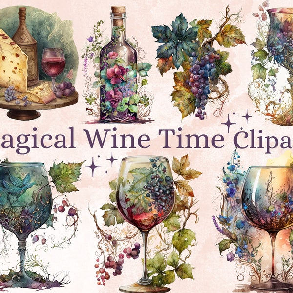 18 PNG Watercolor Wine Time Clipart, Floral Wine Clip Art Watercolour, Red Wine Clipart, Bottle and Glass Sublimation, Wine & cheese png set