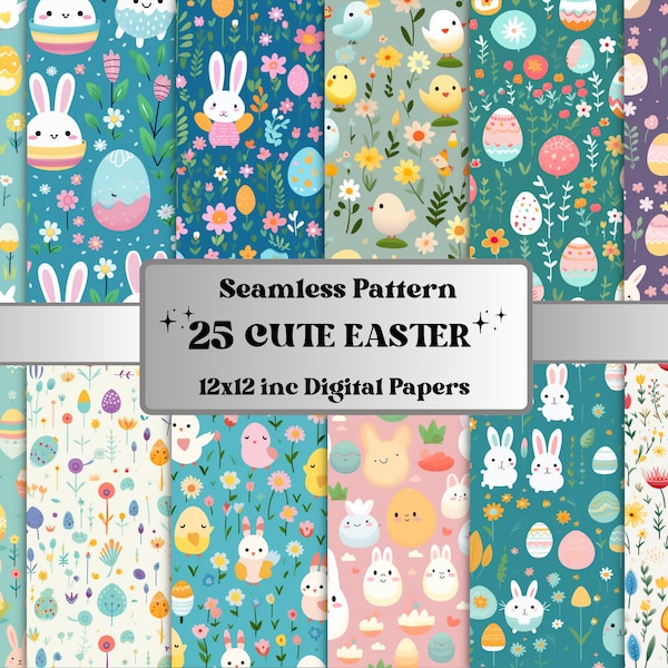 Seamless Cute Easter Digital Paper, Easter Bunny Seamless Pattern, Floral Nursery Background, Easter Kawaii Pattern, Nursery Scrapbook Paper