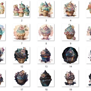 20 PNG Watercolor Magical Cupcakes Clipart, Gothic Cupcake Clip Art, Floral Cupcakes, Dessert clipart set, Floral Bakery Dessert Sublimation