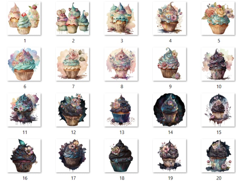 20 PNG Watercolor Magical Cupcakes Clipart, Gothic Cupcake Clip Art, Floral Cupcakes, Dessert clipart set, Floral Bakery Dessert Sublimation