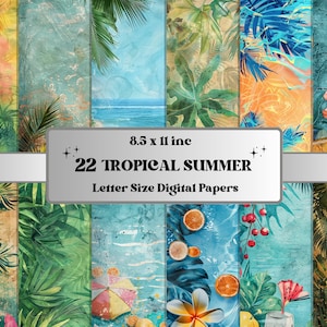 Printable Tropical Summer Digital Paper, Beach Palms Collage, Coastal Sea Pages, Summer Ocean Junk Journal Kit, Scrapbooking, Card Making