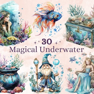 30 PNG Aquarell magische Unterwasser Clipart, Ozean-Märchen-Clip-Art, Meerestiersammlung png, Sealife-Sublimation, unter dem Meeres-Bundle