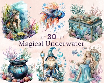30 PNG Watercolor Magical Underwater Clipart, Ocean Fairytale Clip art, Sea Animal Collection png, Sealife Sublimation, Under the Sea Bundle