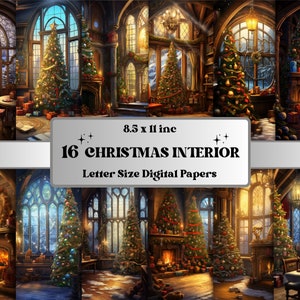 Printable Enchanted Christmas Interior Digital Paper, Xmas indoor Scenes Background and Backdrop, Download Junk Journal, Scrapbooking