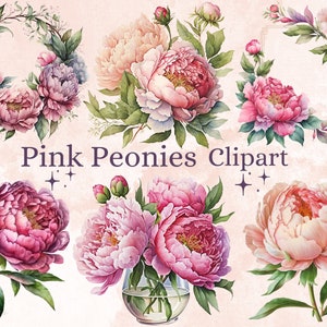 24 PNG acuarela rosa peonías imágenes prediseñadas, paquete de imágenes prediseñadas de peonía rosa, corona de peonía rosa png, imágenes prediseñadas de flores de verano, imágenes prediseñadas de peonía de rubor polvoriento