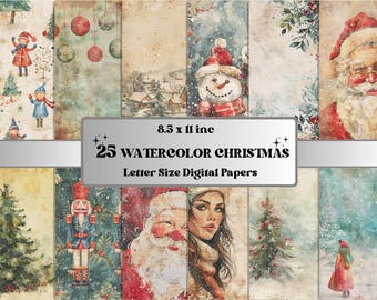 May include: A set of 25 digital papers featuring watercolor Christmas illustrations. The papers are 8.5 x 11 inches and include images of Santa Claus, snowmen, nutcrackers, and Christmas trees.