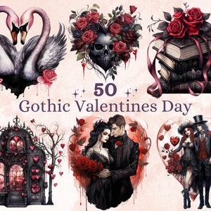 50 PNG Watercolor Gothic Valentine&#39;s Day Clipart, Creepy Valentines Day Hearts Illustrations Clip art, Dark Love Couple Png Sublimation