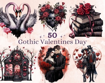 50 PNG Watercolor Gothic Valentine&#39;s Day Clipart, Creepy Valentines Day Hearts Illustrations Clip art, Dark Love Couple Png Sublimation