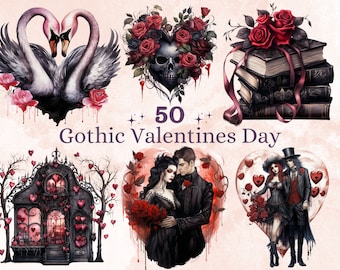 50 PNG Watercolor Gothic Valentine's Day Clipart, Creepy Valentines Day Hearts Illustrations Clip art, Dark Love Couple Png Sublimation