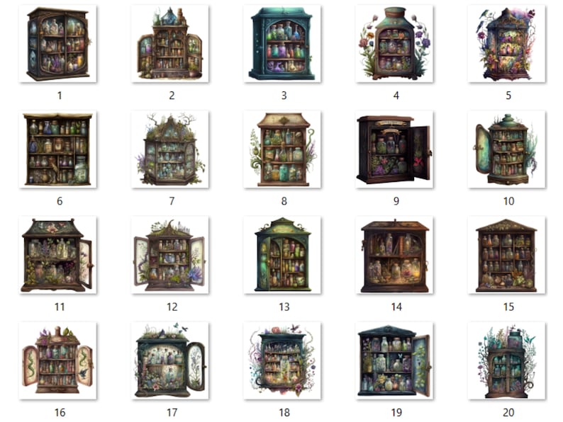 20 PNG Watercolor Witches Apothecary Cabinet Clipart, Wiccan png, magic clip art, mystical clipart, witchcraft png clipart, Potion clipart
