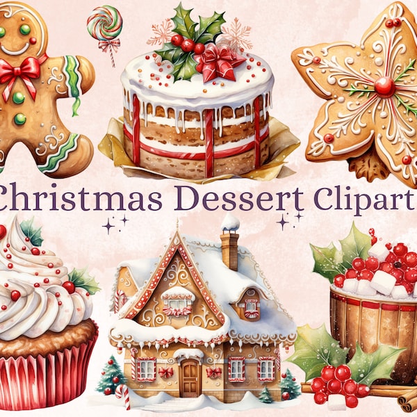 40 PNG Watercolor Christmas Dessert Clipart, Christmas Sweets Clip art, Christmas Cake, Cupcakes, Cookies, Gingerbread png, Xmas Noel Treats