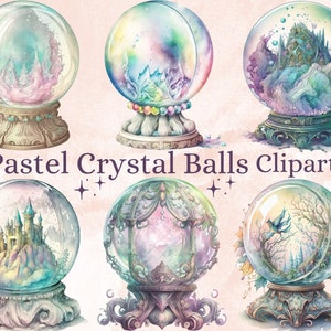May include: Six pastel-colored glass snow globes with ornate gold bases. Each globe contains a different scene, including a castle, a forest, and a bird in flight. The snow globes are arranged in two rows of three. The text "Pastel Crystal Balls Clipart" is written below the snow globes.