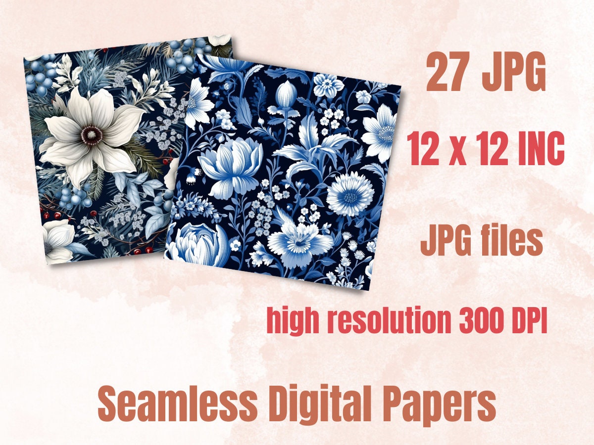 Seamless Winter Floral Digital Paper Pack, Snowy Flowers Repeating Pattern,  Christmas Festive Seamless Texture Background, Scrapbook Paper 