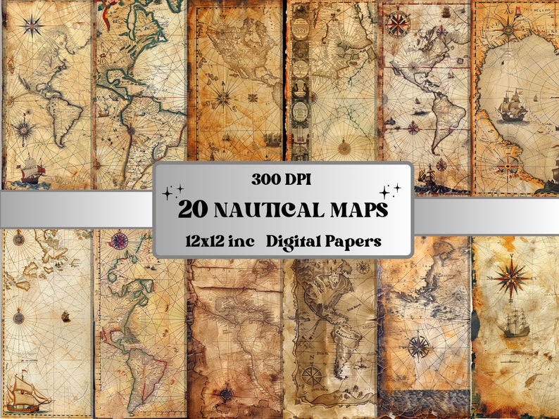 Nautical Old Maps Textures Digital Paper, Antique Map Junk Journal Pages, Old Pirat Map Textures, Nautical Grungy Ephemera Scrapbook