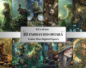 Printable Enchanted Ostara Digital Paper, Ostara Rabbit Ephemera, Fantasy Forest Background, Pagan Junk Journal, Scrapbooking, Card Making
