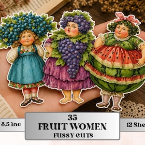 Puede incluir: Tres recortes de papel caprichosos de mujeres con temas de frutas. Una lleva un tocado de arándanos y un vestido azul, otra un atuendo con tema de uvas y la tercera un vestido de sandía. El texto dice "35 Fruit Women Fussy Cuts" y "11 x 8.5 pulgadas".