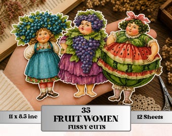 Fruit Women Fussy Cut Printable, 35 Whimsical Fruit Girl Cutouts, Quirky Ephemera Junk Journal Scrapbook Sheets