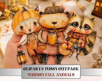 Fall Animals Fussy Cuts & Clipart, Whimsy Autumn Animal Cut Outs, Woodland Ephemera, Junk Journal Scrapbook Kit