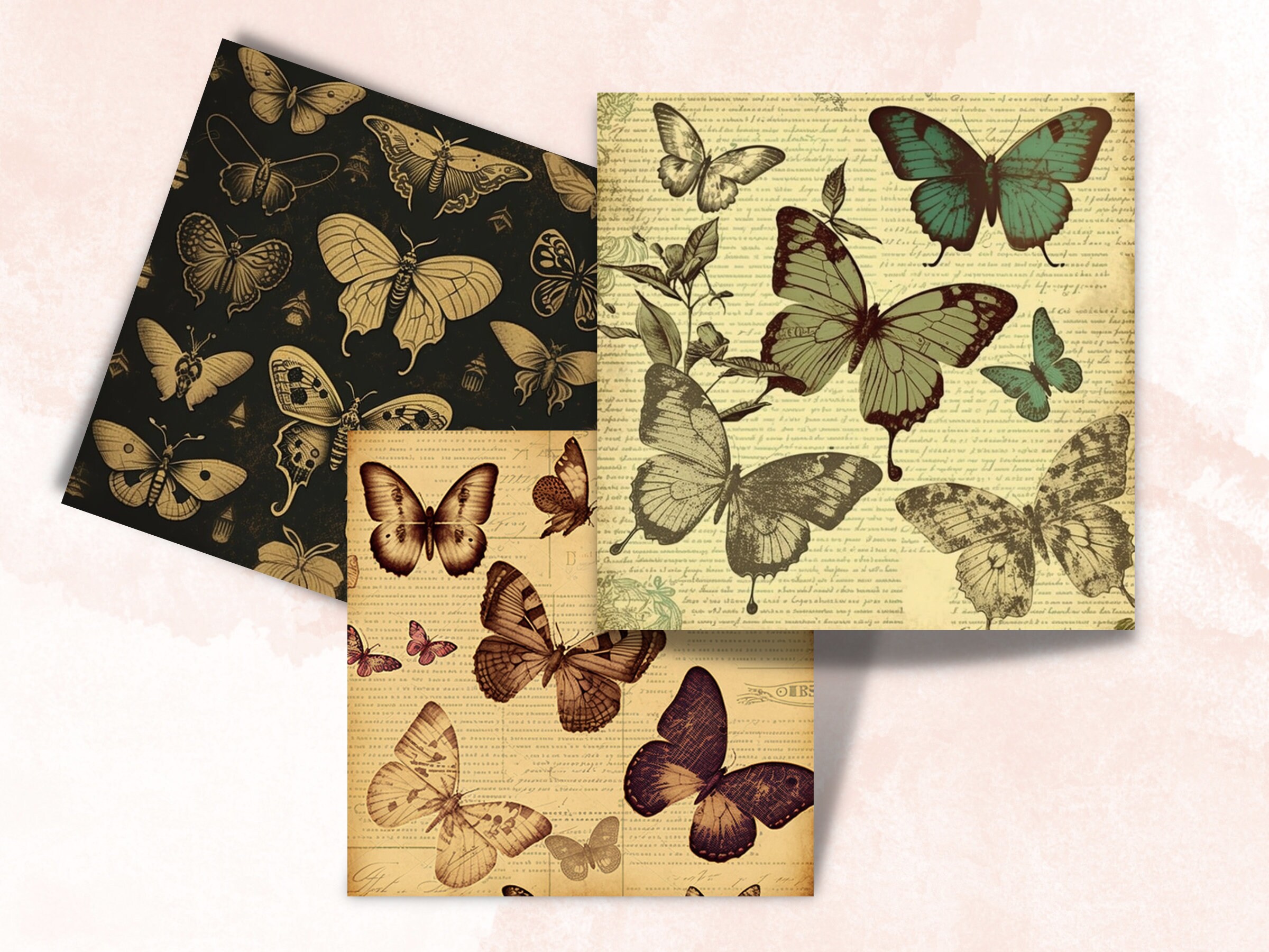 Premium AI Image  Vintage scrapbook page with flowers and butterflies Pink  beige digital paper background