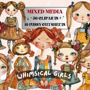 Filles fantaisistes techniques mixtes Clipart, feuille de collage petite fille fantasque, original découpe éphémères, PNG + JPG pour scrapbooking, Junk Journal