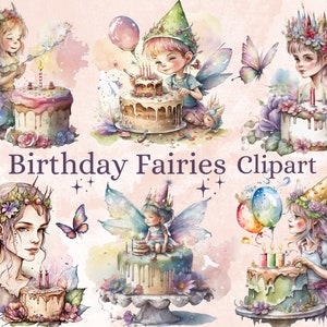 Peut inclure: Un ensemble d'illustrations à l'aquarelle représentant des fées célébrant des anniversaires avec des gâteaux et des ballons. Les fées portent des chapeaux de fête et ont des ailes. Les gâteaux sont décorés de bougies et de vermicelles. Les illustrations sont parfaites pour ajouter une touche de fantaisie aux cartes d'anniversaire, aux invitations et autres travaux manuels.