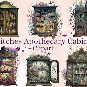 20 PNG Watercolor Witches Apothecary Cabinet Clipart, Wiccan png, magic clip art, mystical clipart, witchcraft png clipart, Potion clipart