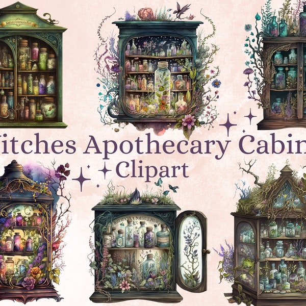 20 PNG Watercolor Witches Apothecary Cabinet Clipart, Wiccan png, magic clip art, mystical clipart, witchcraft png clipart, Potion clipart