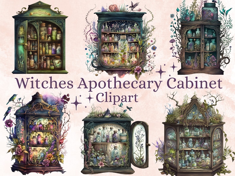 20 PNG Watercolor Witches Apothecary Cabinet Clipart, Wiccan png, magic clip art, mystical clipart, witchcraft png clipart, Potion clipart