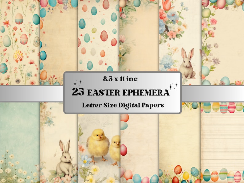 Printable Spring Easter Digital Paper, Nursery Bunny Ephemera Collage ...