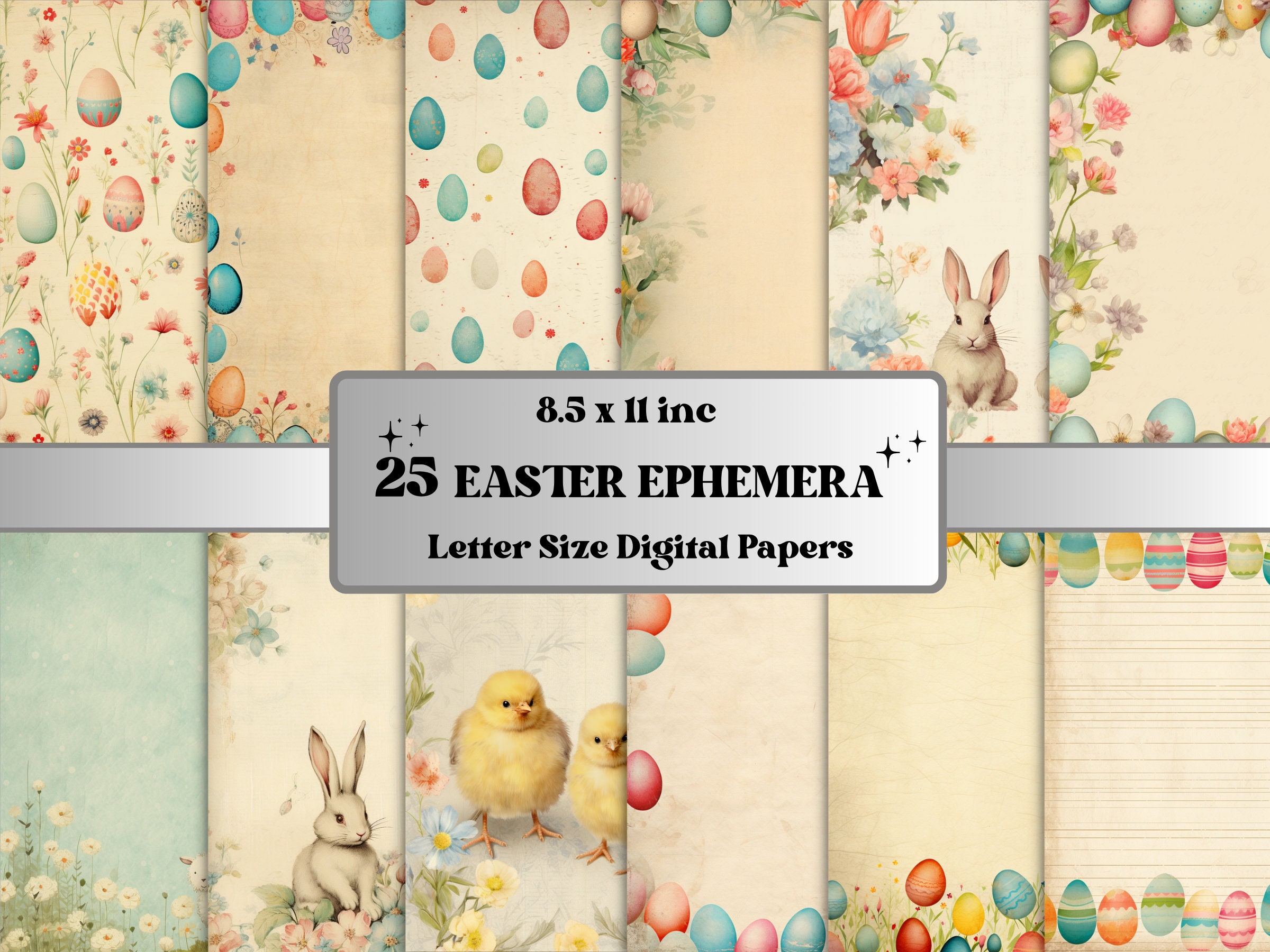 Printable Spring Easter Digital Paper, Nursery Bunny Ephemera Collage ...