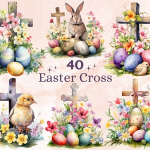 40 PNG Watercolor Easter Cross Clipart, Floral Easter Cross Illustrations Clip art, Christian Easter Bunny Sublimation, Spring Garden Png