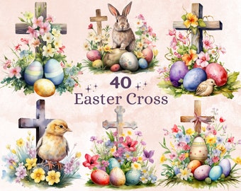 May include: 40 Easter Cross watercolor illustrations featuring a variety of crosses decorated with flowers, birds, and eggs. The crosses are painted in a light brown color and the flowers are in shades of pink, yellow, and blue.