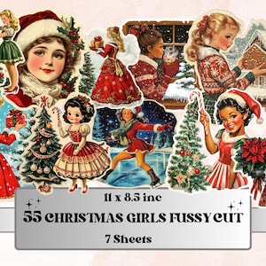 Christmas Girls Fussy Cut Pages, Whimsical Xmas Holiday Fussy Cut Ephemera Sheet, Christmas Journal Add On Kit, Xmas Mixed Media Collage