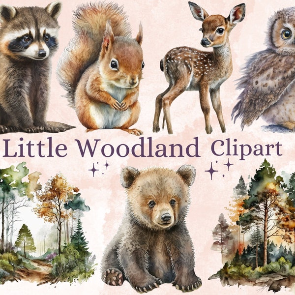 29 PNG Watercolor Baby Woodland Animals Clipart Bundle, Little Woodland Babies Clip art PNG Bundle, Nursery Woodland Cute Animal Clipart Set