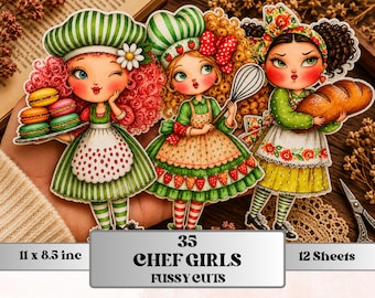 Curvy Chef Girls Fussy Cut Printable, 35 Quirky Cooking Girl Cutouts, Kitchen Ephemera Junk Journal Scrapbook Sheets