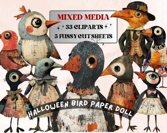 Halloween Bird Paper Doll Mixed Media Clipart, Whimsical Birds Fussy Cut Collage Sheet, Quirky Cut Out Ephemera, PNG + JPG for Scrapbooking